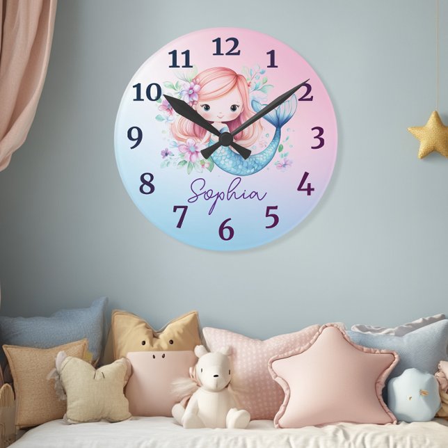Niedlich Girls Mermaid Personalisiert Clock Runde Wanduhr (Von Creator hochgeladen)