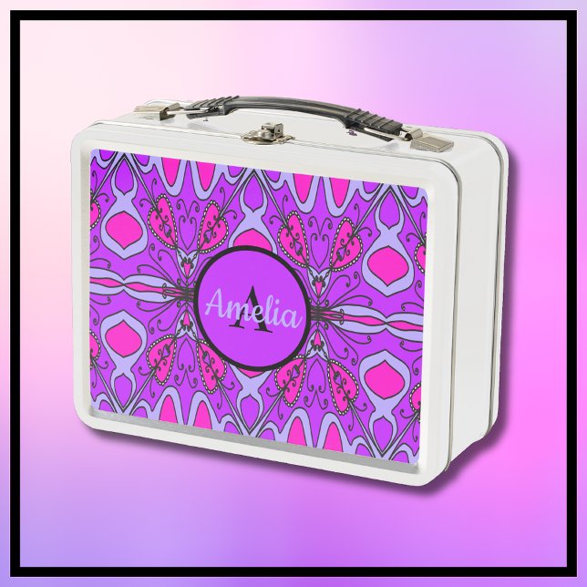 Niedlich Girls Metal Lunchbox (Pretty Purple and Hot Pink Lunchbox. Features original hand-drawn artwork with a whimsical vibe. )