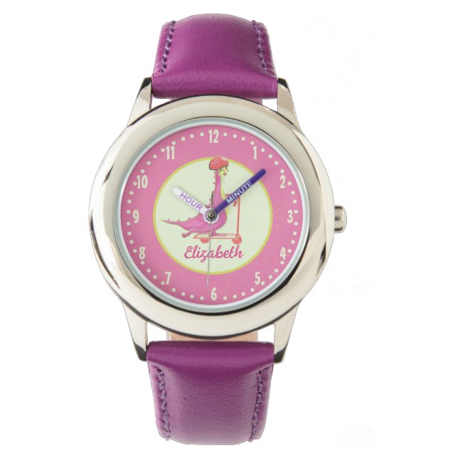 Niedlich Girls Pink Dinosaur Scooter Helm Name Armbanduhr (Vorderseite)