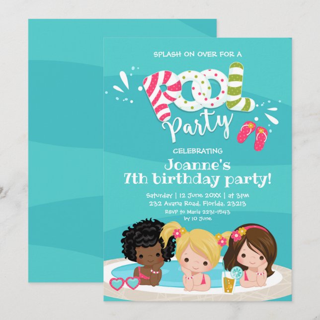 Niedlich Girls Pool Party Kindergeburt Einladung (Vorne/Hinten)