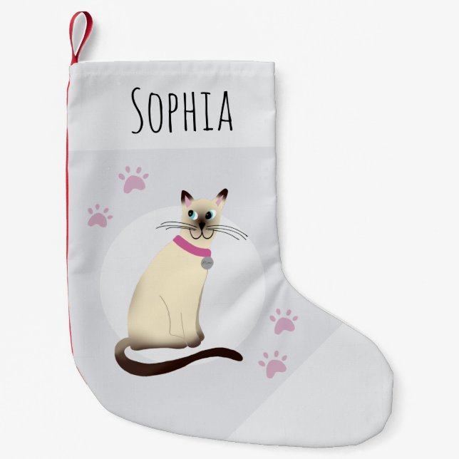 Niedlich Girls Siamese Cat Cartoon Paw Prints Haus Kleiner Weihnachtsstrumpf (Vorderseite)