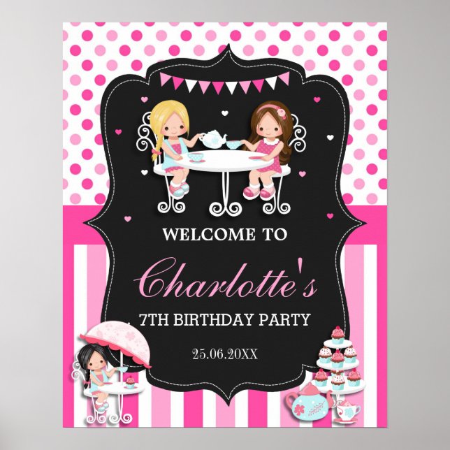 Niedlich Girls Tee Party Geburtstag Pink Begrüßung Poster (Vorne)