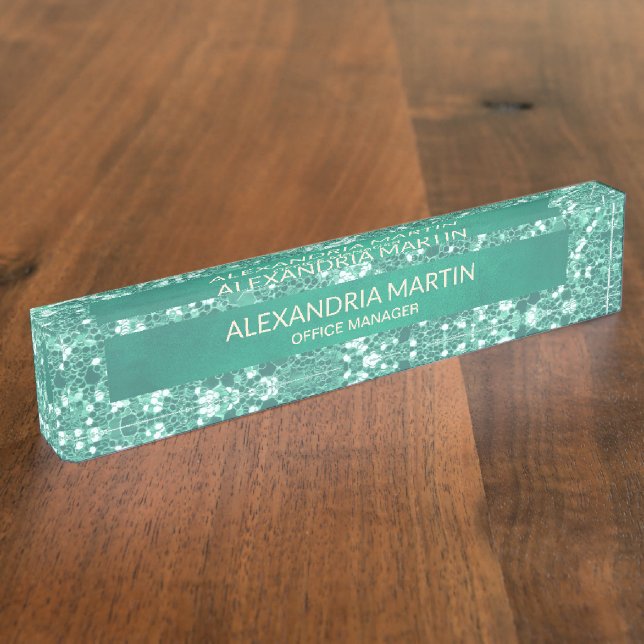 Niedlich Girly Aquamarin Minze Green Glitzer Offic Namensplakette (Seite)