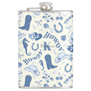 Niedlich Girly Blue Coast Cowgirl Name Monogram Flachmann