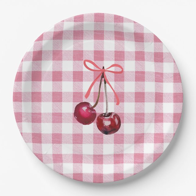 Niedlich Girly Bow Cherry Pink Gingham Kariert Pappteller (Vorderseite)