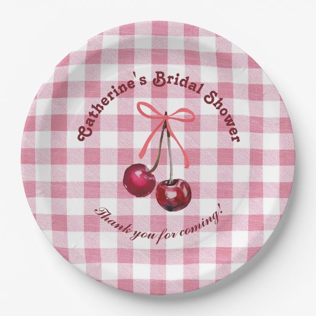 Niedlich Girly Bow Cherry Pink Gingham Karierter N Pappteller (Vorderseite)