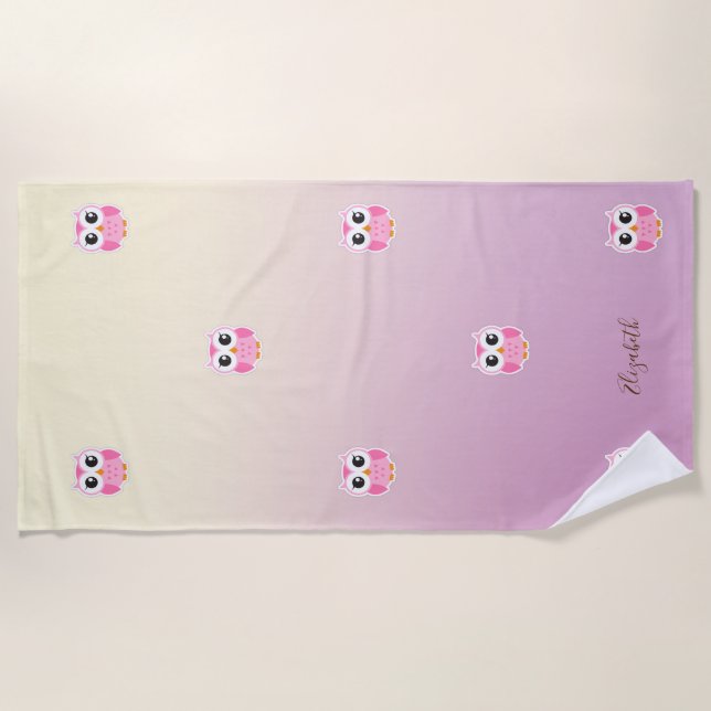 Niedlich Girly Cartoon Owl ,Ombre -Personalisiert Strandtuch (Vorderseite)