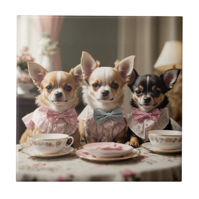 Niedlich Girly Chihuahua Tea Party Fliese (Vorderseite)