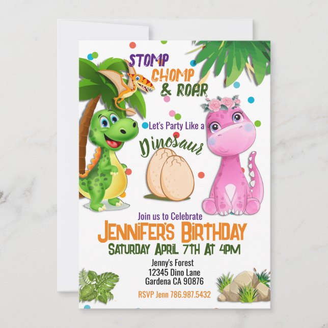 Niedlich Girly Dinosaur Einladung zum Geburtstag (Vorderseite)
