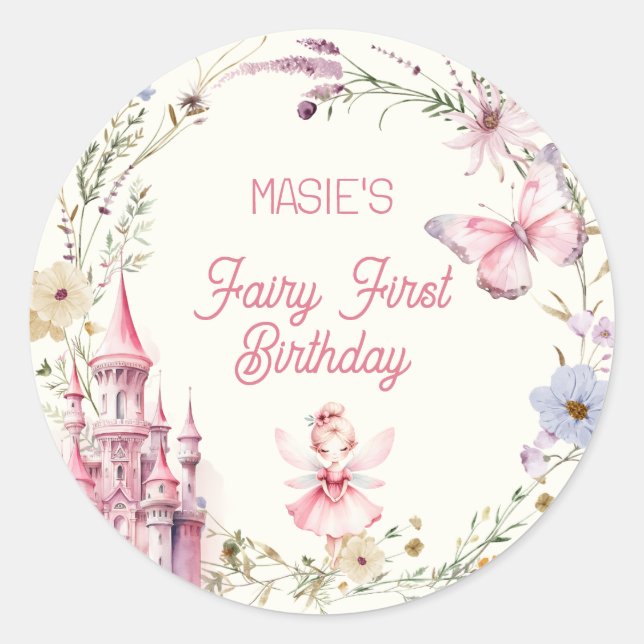 Niedlich Girly Fairy First Geburtstag Runder Aufkleber (Vorderseite)