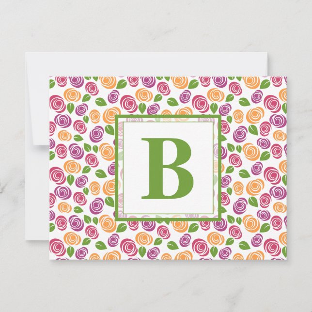 Niedlich Girly Floral Custom Mit Monogramm Initial Mitteilungskarte (Vorderseite)