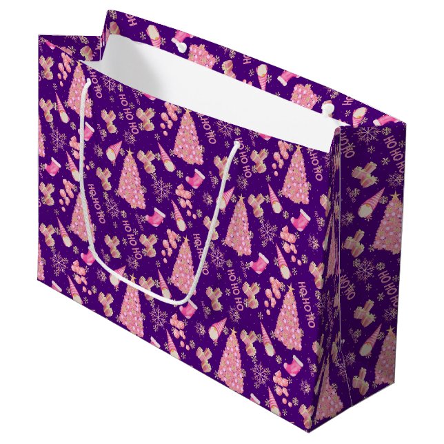 Niedlich Girly Gold Indigo Pink Weihnachtsbaummust Große Geschenktüte (Vorderseite Schrägansicht)