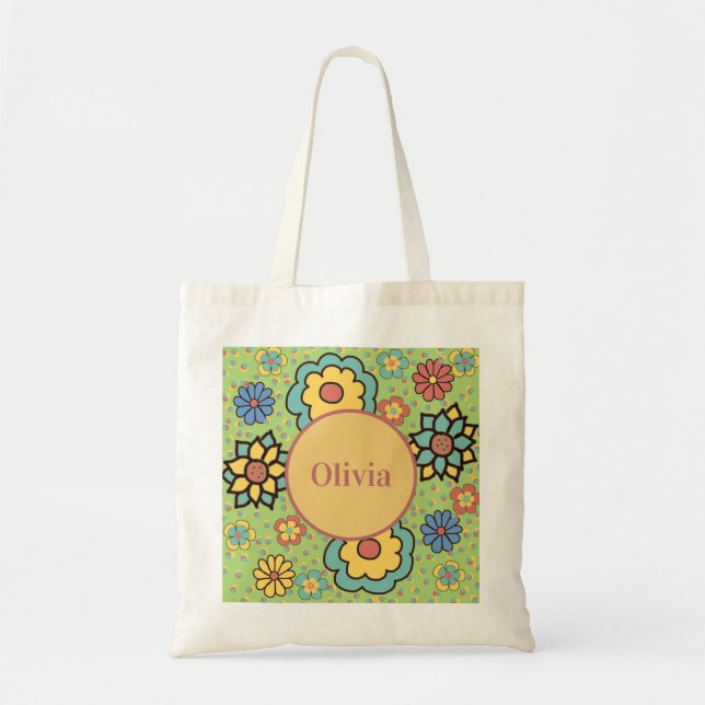 Niedlich Girly Green Yellow Blue Boho Blume Tragetasche (Vorne)