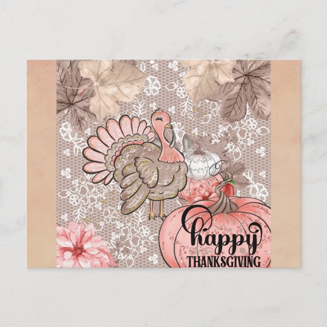 Niedlich Girly Happy Thanksgiving Türkei Postkarte (Vorderseite)
