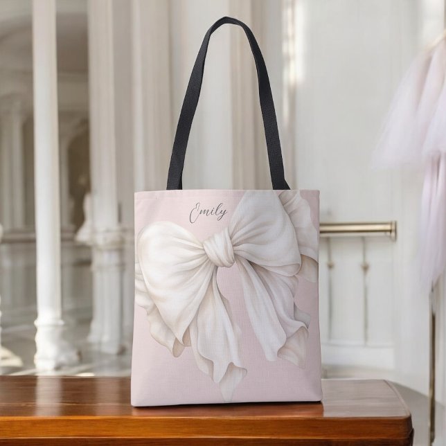 Niedlich Girly Ivory White Bow auf Pink Tasche (Personalize this feminine tote with your name.)