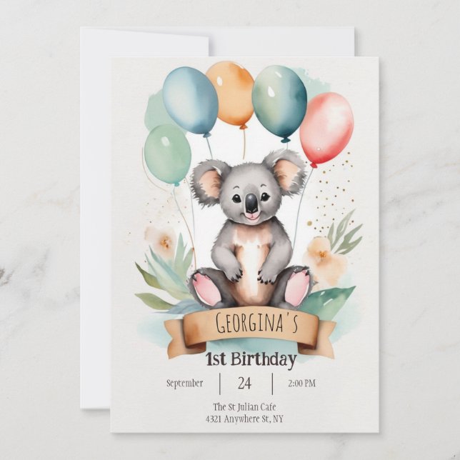 Niedlich Girly Koala Geburtstag Einladung (Vorderseite)