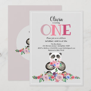 Niedlich Girly Modern Blume Panda & Name 1. Geburt Einladung
