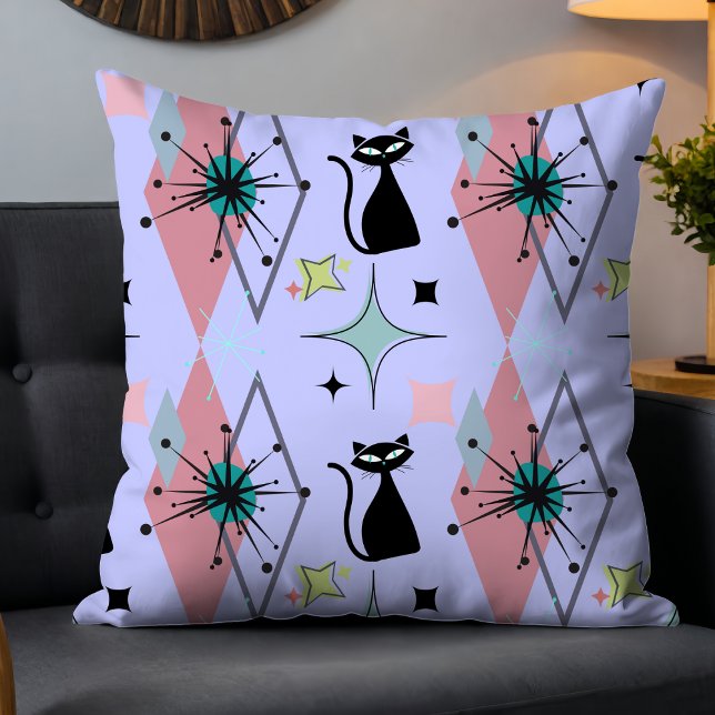 Niedlich Girly Modern Mid Century Stars & Cat Blue Kissen (Von Creator hochgeladen)