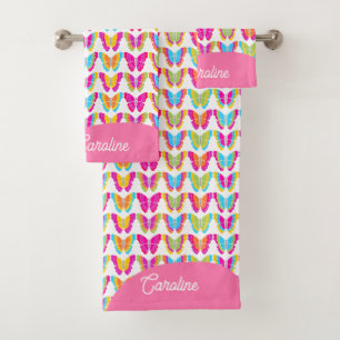 Niedlich Girly Multicolor Rainbow Butterfells Name Badhandtuch Set