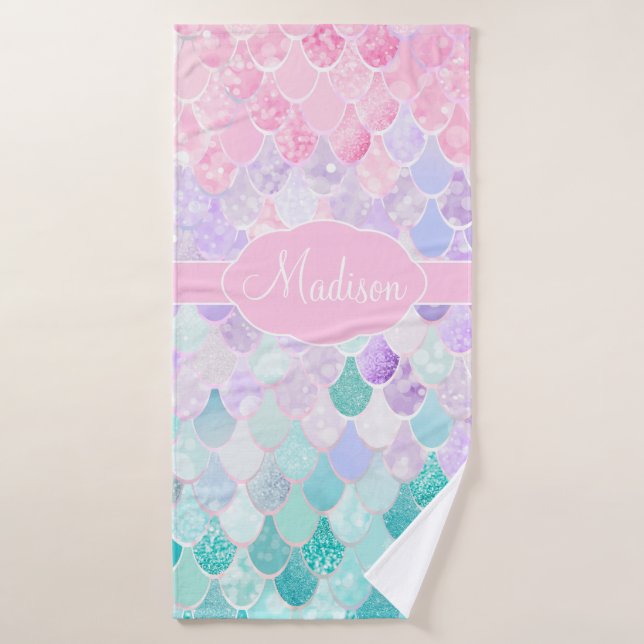 Niedlich Girly Ombre Mermaid Pattern Mit Monogramm Badehandtuch (Badehandtuch)