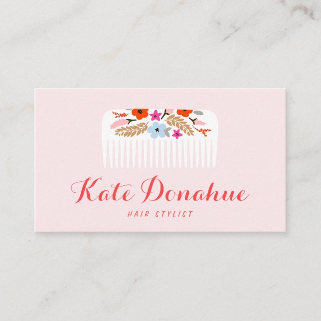 Niedlich Girly Pink Fairstylist Floral Comb Hair S Visitenkarte (Vorderseite)