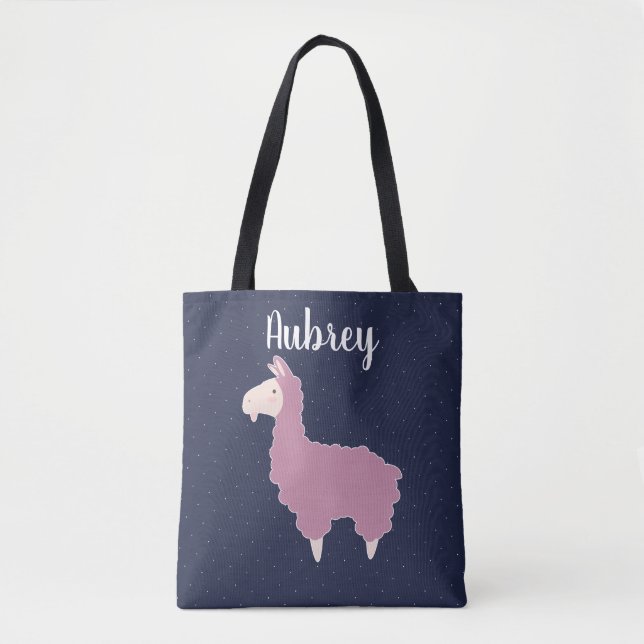 Niedlich Girly Pink Fluffy Llama & Name Tasche (Vorderseite)