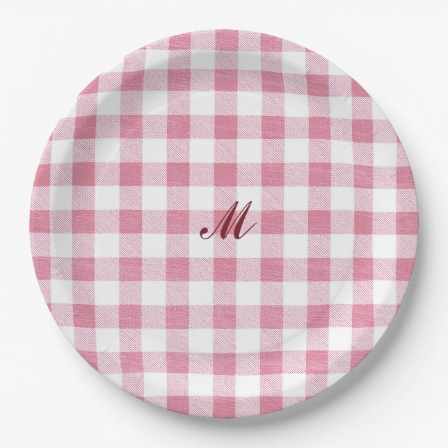 Niedlich Girly Pink Gingham Kariert Name Monogram Pappteller (Vorderseite)