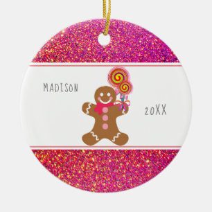 Niedlich Girly Pink Glitzer Gingerbret Candy Name Keramik Ornament