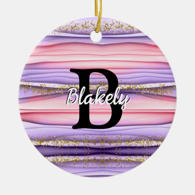 Niedlich Girly Pink & Lila Monogram Glitzer Sparko Keramik Ornament (Vorne)