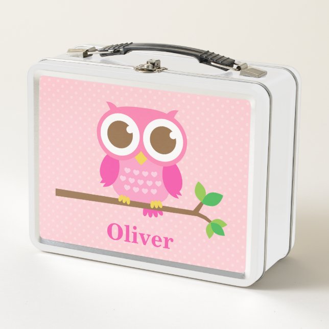 Niedlich Girly Pink Owl auf Branch Girls Personali Metall Brotdose (Vorderseite)