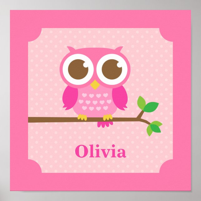 Niedlich Girly Pink Owl auf Branch Girls Zimmerdek Poster (Vorne)
