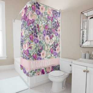 Niedlich Girly Pink Purple Blumen Ihr Name Duschvorhang