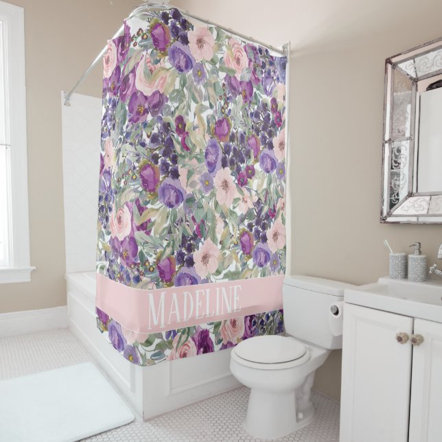 Niedlich Girly Pink Purple Blumen Ihr Name Duschvorhang (Beispiel)