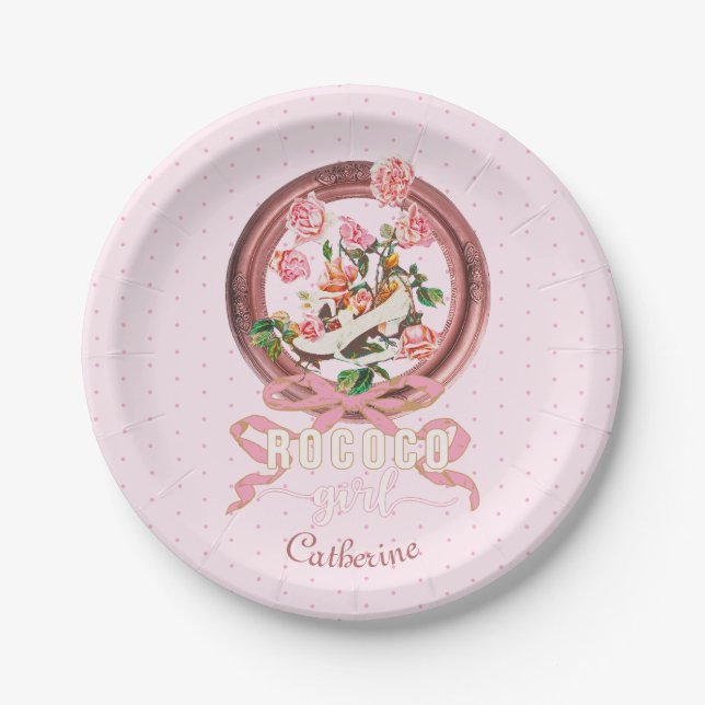 Niedlich Girly Pink Rokoko Shoe Rose Name Pappteller (Vorderseite)