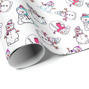Niedlich Girly Pink Snowman   weiße Weihnachtsfeie Geschenkpapier