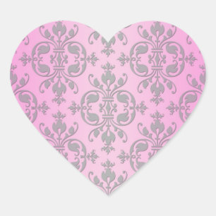 Niedlich Girly Pink und Grau Damask Herz-Aufkleber