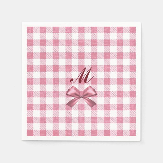 Niedlich Girly Preppy Pink Gingham Kariert Bow Mon Serviette (Vorderseite)