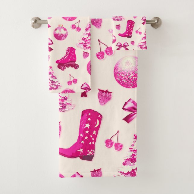 Niedlich Girly Preppy Pink Weihnachtsmuster Badhandtuch Set (Insitu)