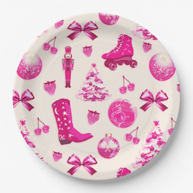 Niedlich Girly Preppy Pink Weihnachtsmuster Pappteller (Vorderseite)