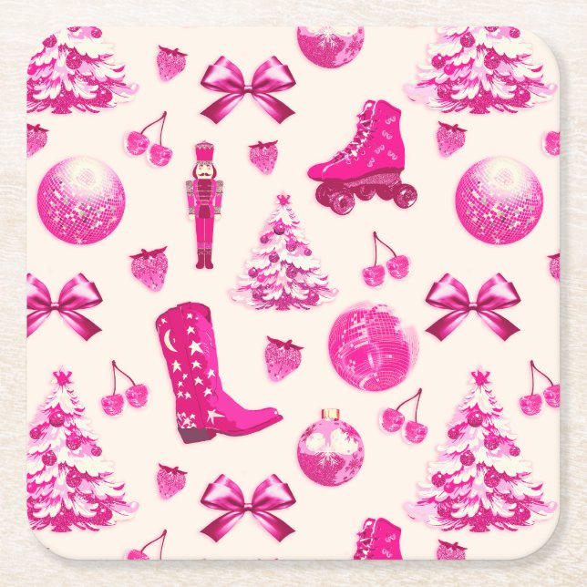 Niedlich Girly Preppy Pink Weihnachtsmuster Rechteckiger Pappuntersetzer (Vorderseite)