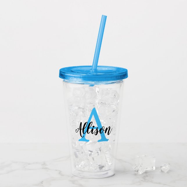 Niedlich Girly Script Blue Personalisiert Monogram Acryltrinkbecher (Rückseite Ice)