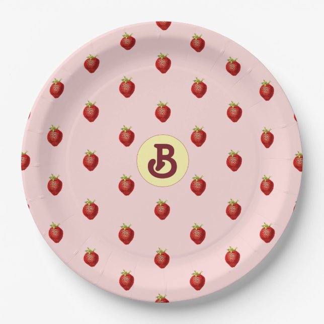 Niedlich Girly Strawberry Pink Name Monogram Pappteller (Vorderseite)