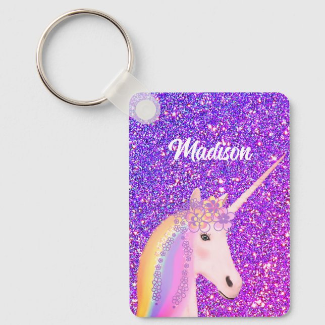 Niedlich Girly Unicorn Lila Glitzer Personalisiert Schlüsselanhänger (Vorderseite)