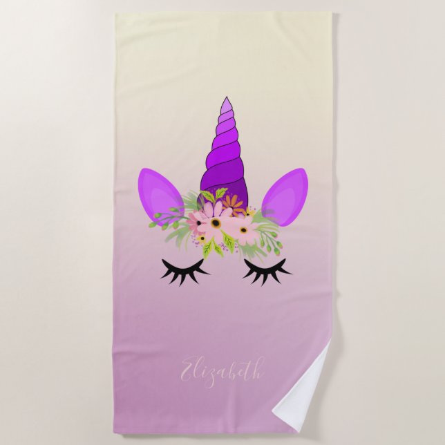 Niedlich Girly Unicorn ,Ombre -Personalisiert Strandtuch (Vorderseite)