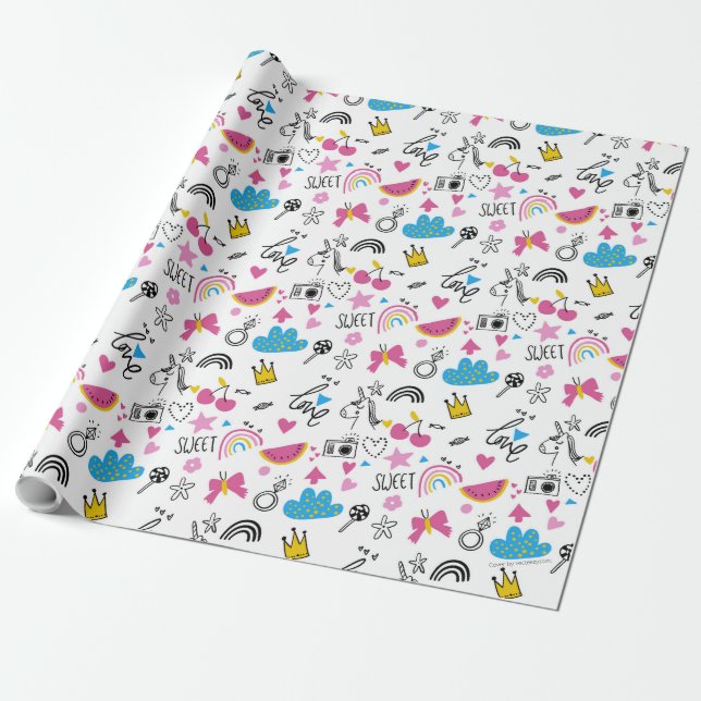 Niedlich Girly Unicorn Rainbow Hearts Whimsical Geschenkpapier (Ungerollt)