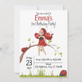 Niedlich Girly Whimsical LadyBug 3. Geburtstag Einladung