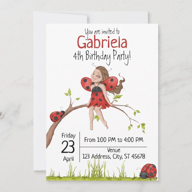 Niedlich Girly Whimsical LadyBug 4. Geburtstag Einladung (Vorderseite)