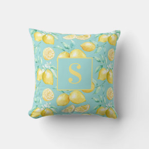 Niedlich Girly Yellow Lemon Muster Blue Monogram Kissen