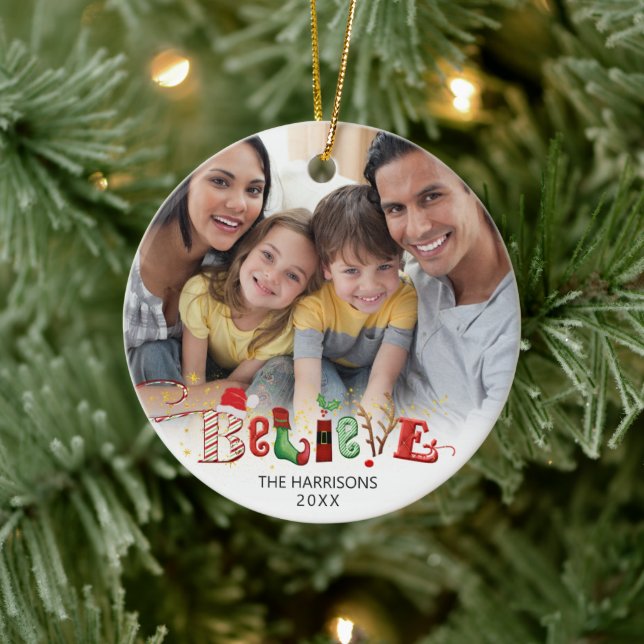 Niedlich GLAUBEN Weihnachtsgeist Typografie 2 Foto Keramik Ornament (Baum)