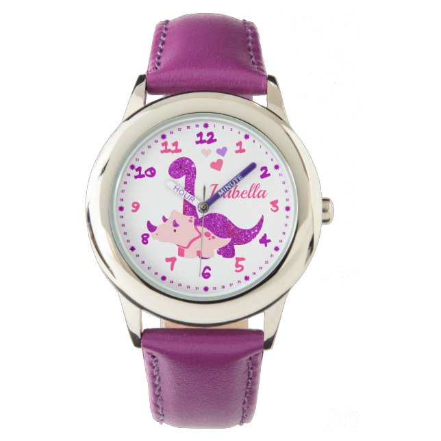 Niedlich Glittery Lila Dinosaur Personalisiert Armbanduhr (Vorderseite)